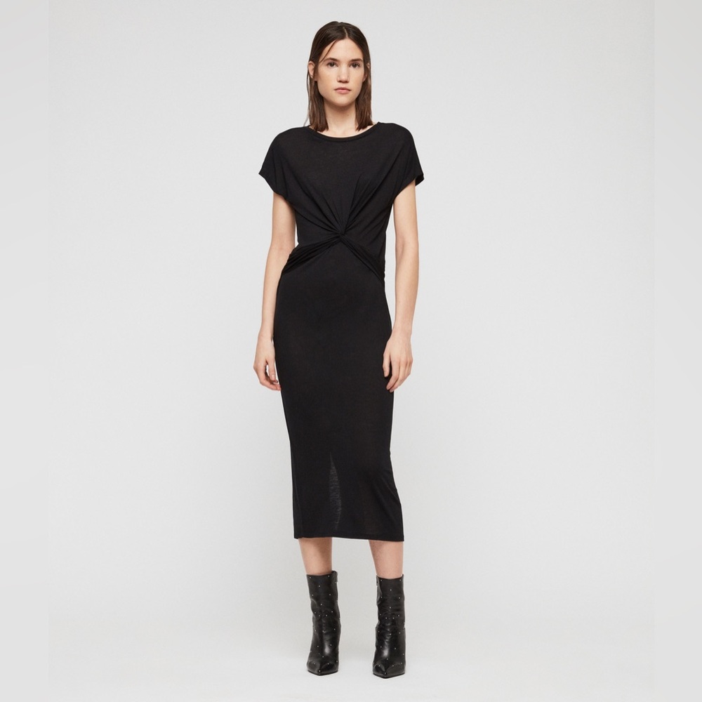 All Saints Ruched Midi Black Dress Sz S - Picture 14 of 14
